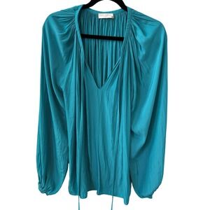Ramy Brook Paris Teal Blue Pleated V-Neck Balloon Sleeve Boho Blouse Sz M